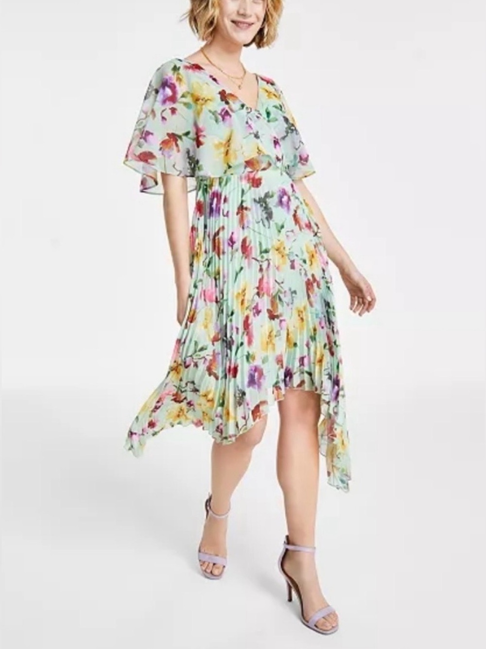 Kensie Floral Chiffon Midi Dress Asymmetrical Hem Pleated Green Size 4 NWT